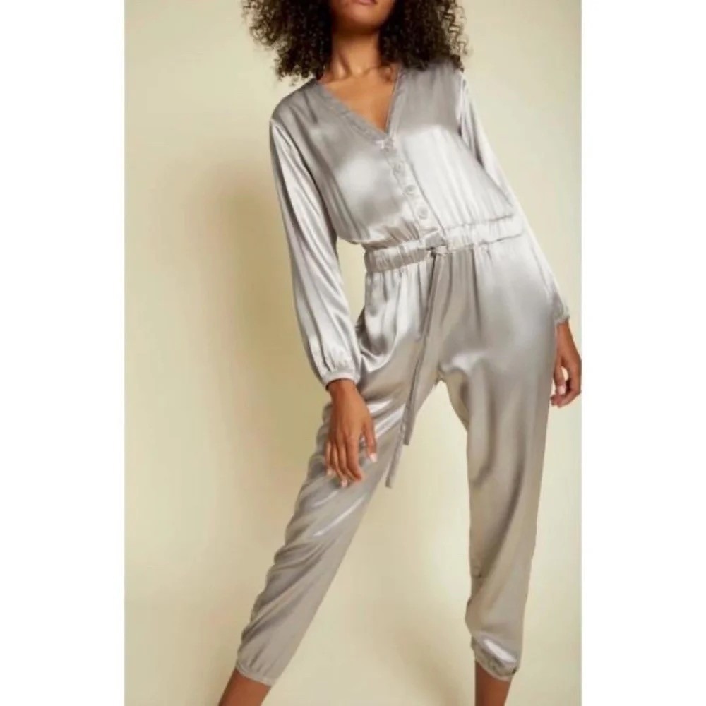 Nation LTD Silver Satin Long Sleeve Button Front Jumpsuit Womens Small Grey
